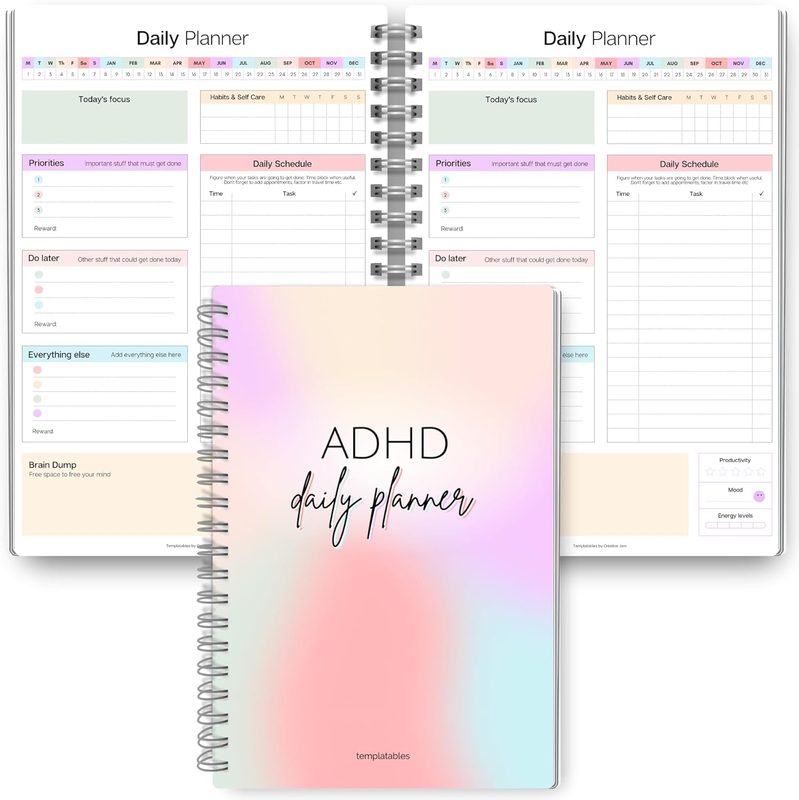 Planificador diario para adultos neurodivergentes con TDAH (A5, sin fecha)