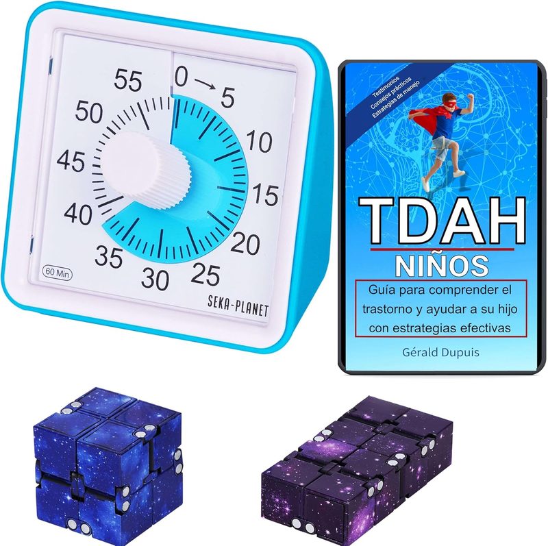 Temporizador visual para niños con TDAH (60 min, silencioso) + 2 cubos infinitos